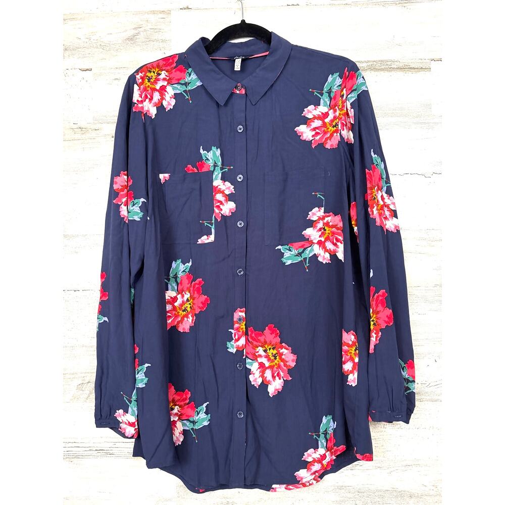 Joules Womens 10 Elvina Navy Blue Pink Floral 100% Viscose Button Up Blouse NEW